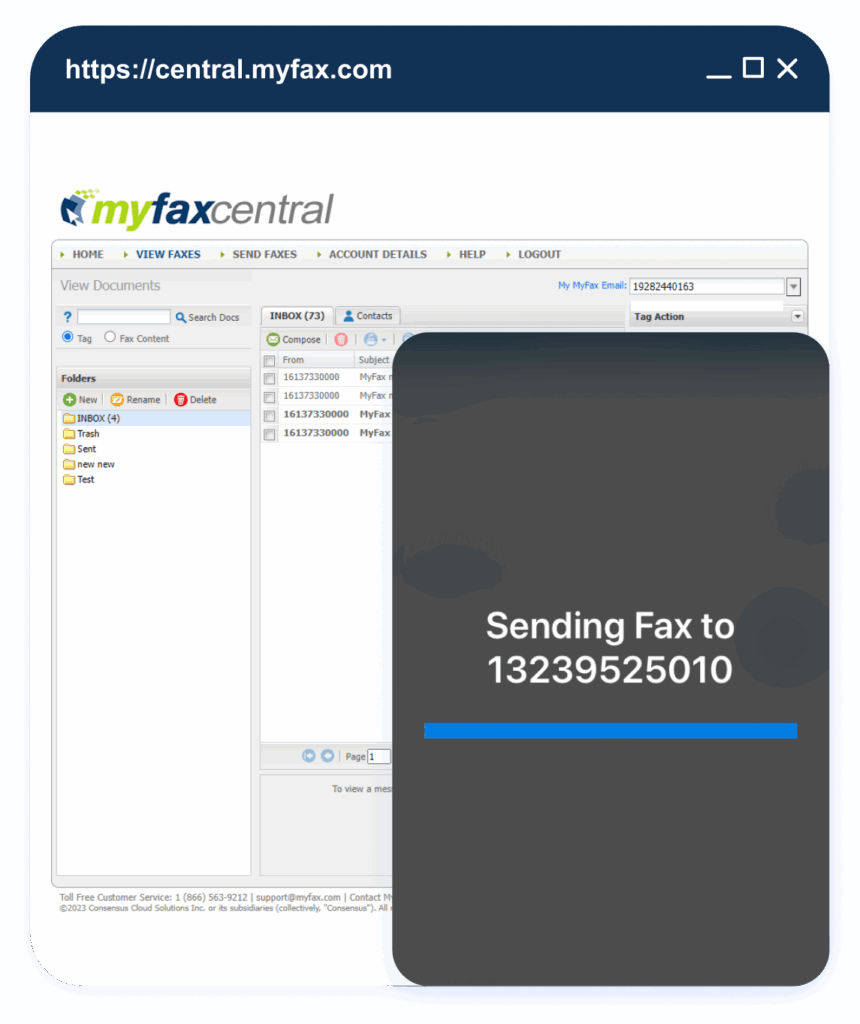 Sending a fax via MyFax Central